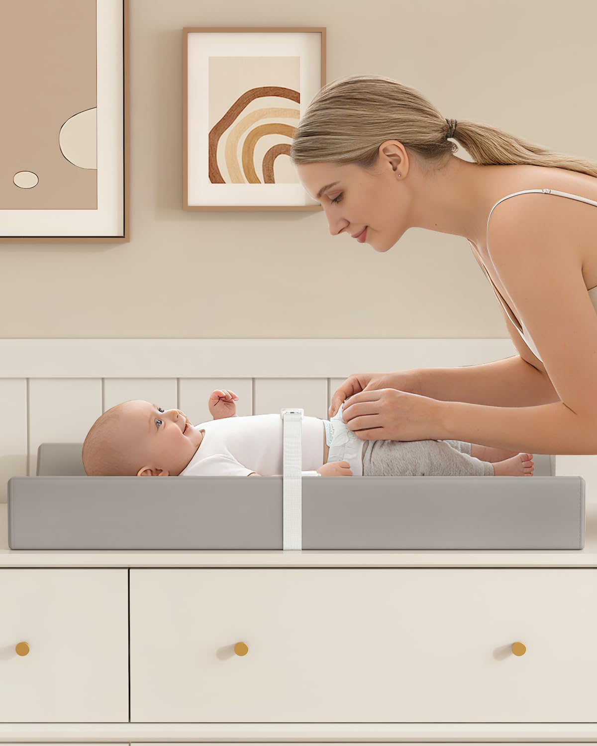 YACODAVO Wipeable Baby Changing Pad for Dresser and Table, Cozy Diaper Changing Pad with Waterproof & Wipe-Clean Leather Cover, Grey