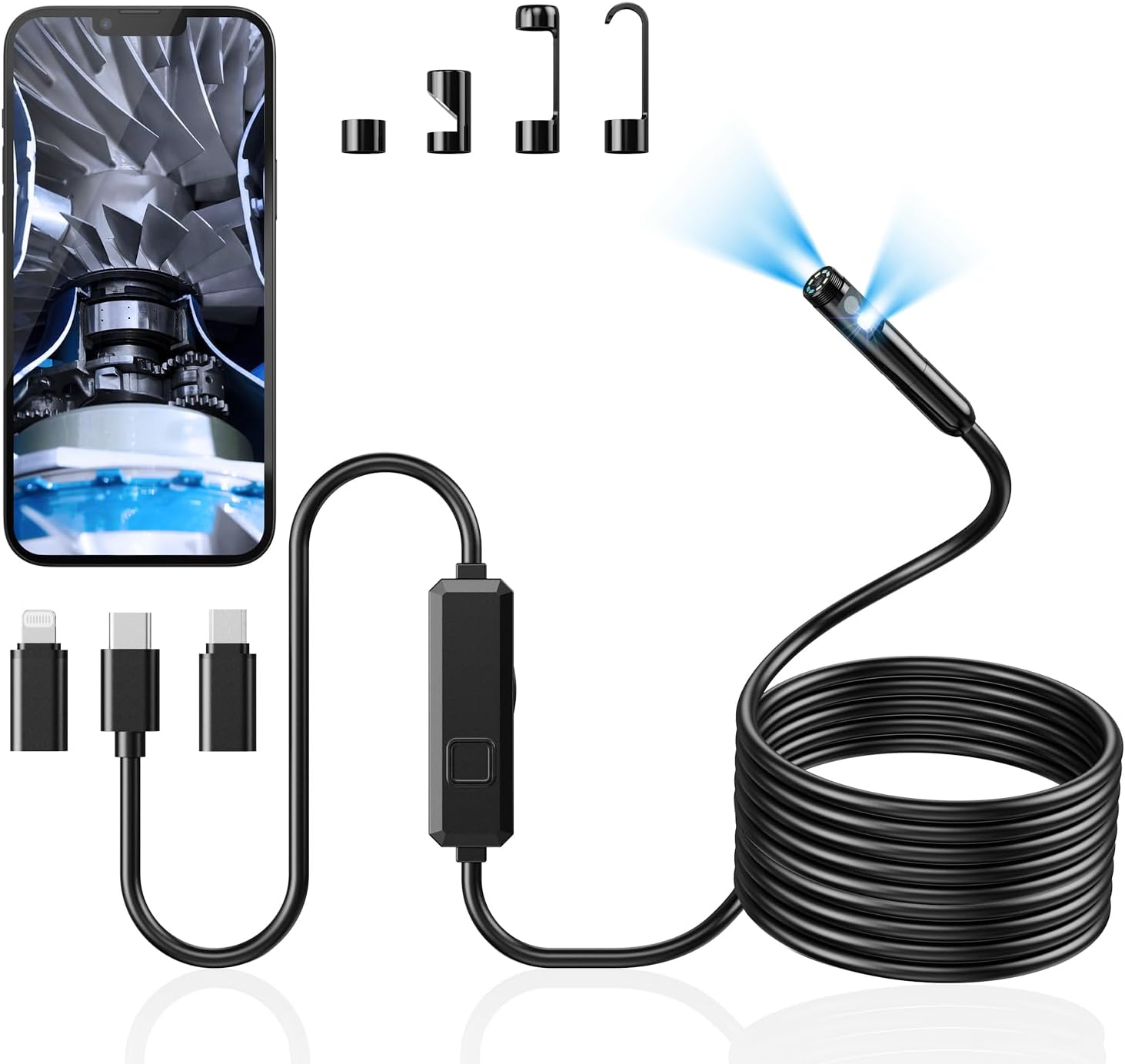 Endoscope Camera with Light, Dual-Lens 1920P HD Borescope with 8 Adjustable LED Lights, IP67 Waterproof Boroscope Inspection Camera Tools, 16.4ft Semi-Rigid Snake Camera for iOS & Android