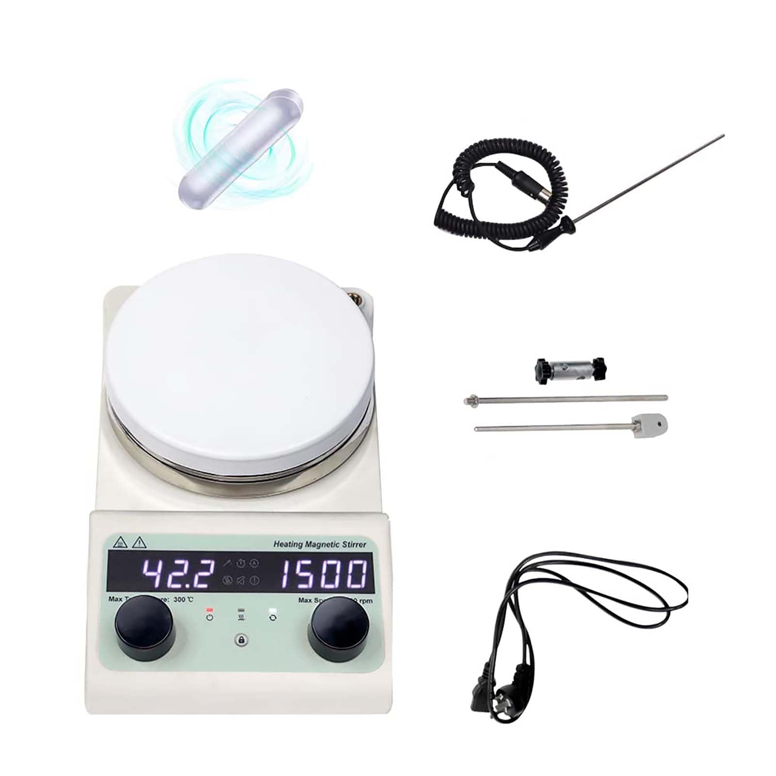 Agitador magnético Digital de Placa calefactora con función de temporización, Placa de agitación de Laboratorio con Barra agitadora y Sensor de Temperatura, 100-1500 RPM, Mezclador