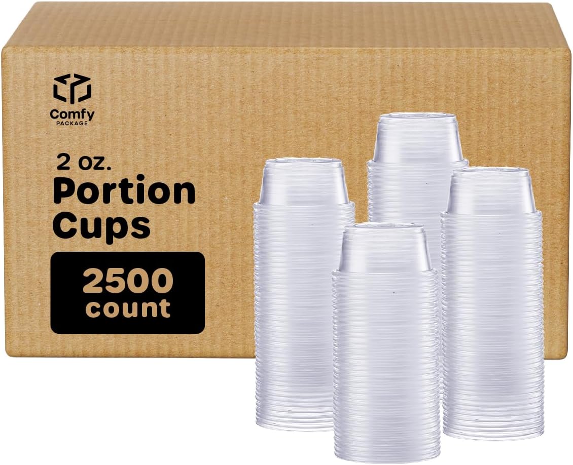 Comfy Package [Case of 2,500 2 oz. Clear Disposable Plastic Portion Cups (No Lids), Souffle Cups, Jello Shot Cups, and Sauce Cups For Portion Control