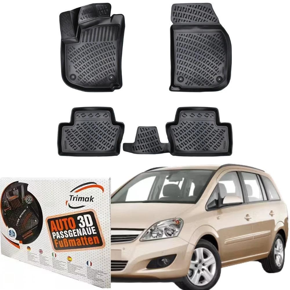 Trimak Dokładnie dopasowane dywaniki 3D samochodowe kompatybilne z Opel Zafira B 2005 - 2011 Akcesoria samochodowe 1. I 2. rząd Gumowe dywaniki samochodowe TPE na każdą pogodę Bezzapachowe antypoślizgowe przód i tył czarne
