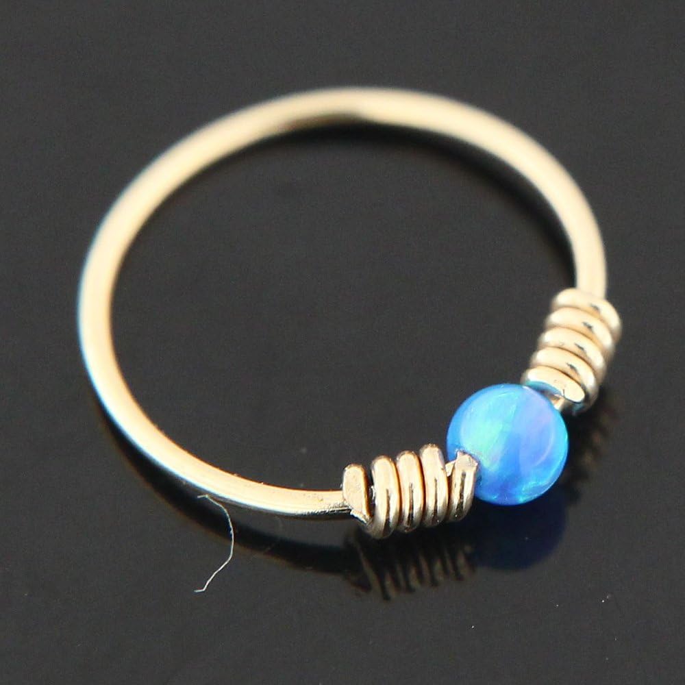9K Solid Yellow Gold Blue Opal Stone with Double Spring Coil 22 Gauge Hoop Nose Ring Tragus Helix Piercing - Image 3