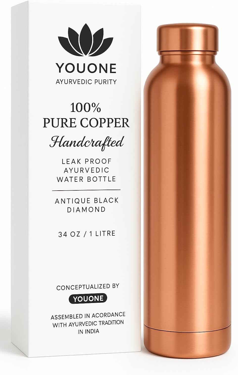 YOUONE Pure Copper Water Bottle, Ayurvedic, Leak Proof, 1 Litre/34 oz, Handcrafted