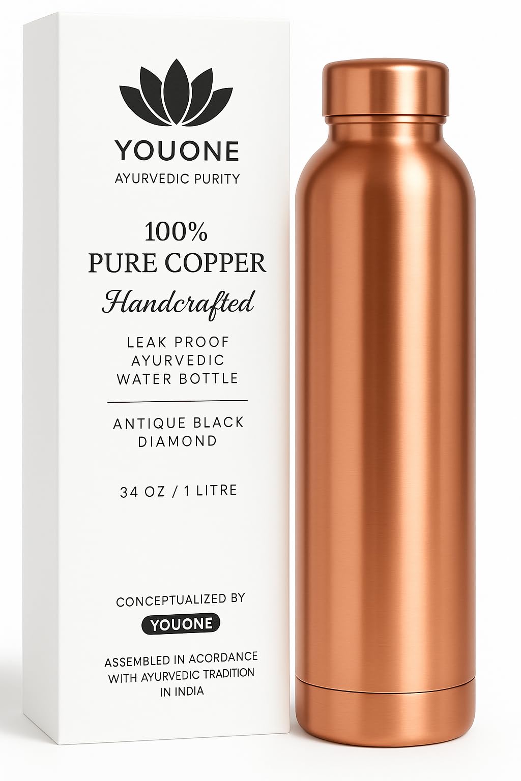 YOUONE Pure Copper Water Bottle, Ayurvedic, Leak Proof, 1 Litre/34 oz, Handcrafted