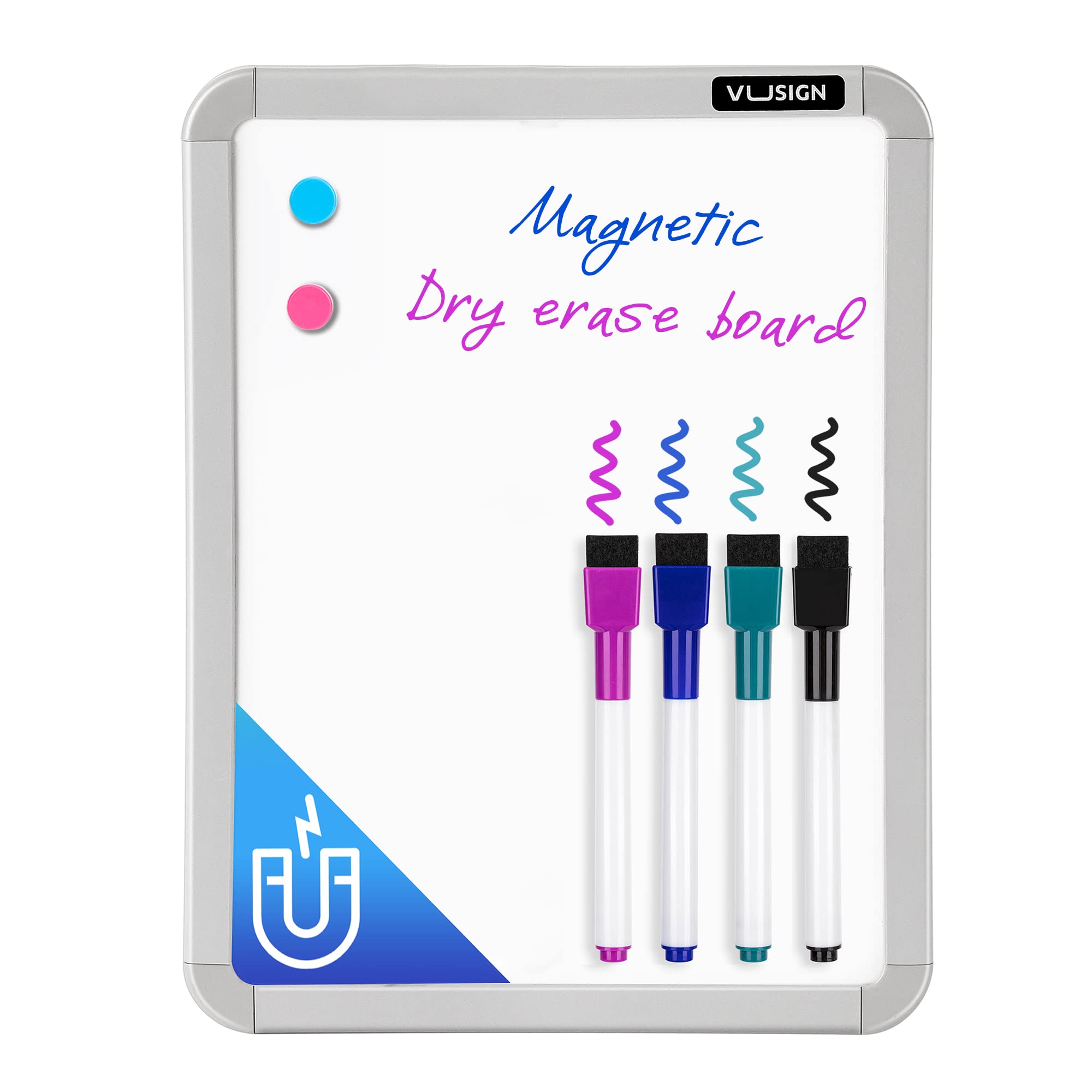 VUSIGN Small White Board Dry Erase, 22 x 28 cm Magnetic Dry Erase Board, Mini Whiteboard with Markers for Kids, Students, Fridge, Wall, Locker, Grey
