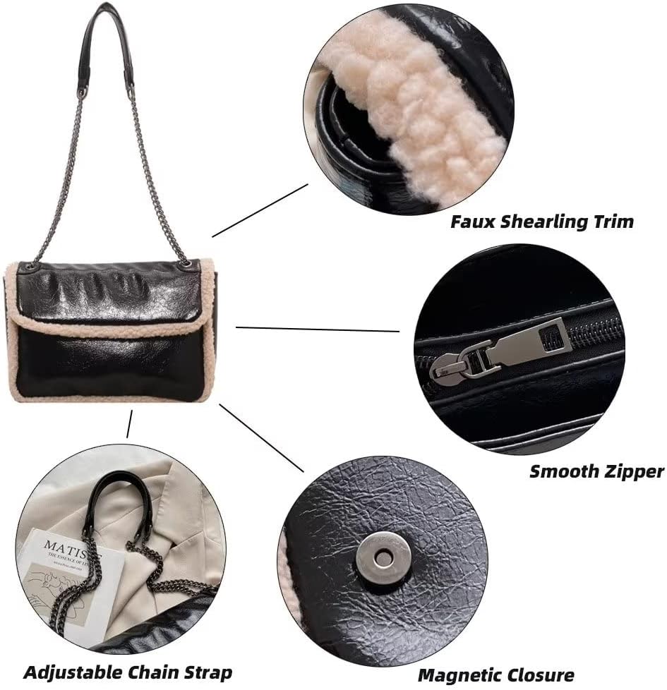 Mudono Shoulder Bag for Women Soft Glossy Crossbody Bag Square Purse Handbag with Faux Shearling Trim and Chain Strap