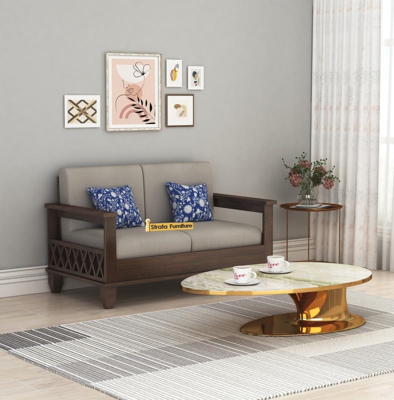 Image of STRATA FURNITURE Sheesham Wood 2 Seater Sofa Set for Living Room | Wooden Two Seater Sofa Set Furniture for Bedroom Home Hall and Hotels (Walnut Finish)