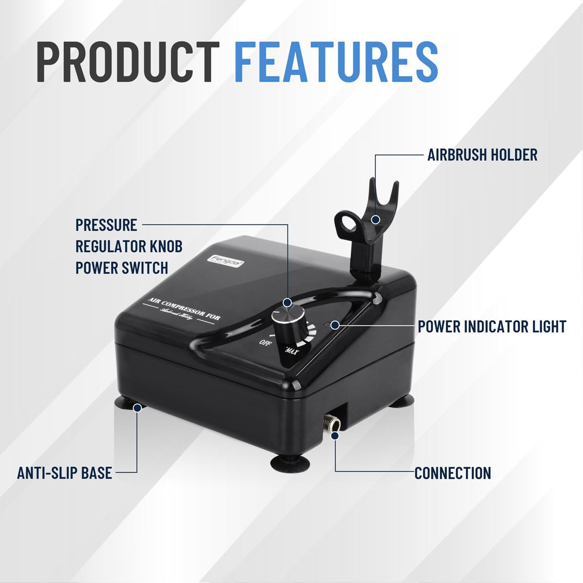 Fengda Profi Airbrush Set mit Intelligentem Kompressor FD-207K, 0,2 mm Düse, Ölfreier Minikompressor, Luftschlauch, für Tätowierungen, Modelle, Kuchendekoration, Automobilgrafiken