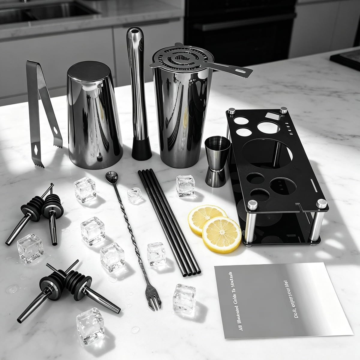 Set professionale per cocktail con supporto per ricette per cocktail, 15 pezzi, 750/600 ml, kit da barista, set da barista, set di strumenti da bar Boston da 25/20 once, jigger, pestello (nero)