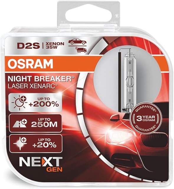 OSRAM XENARC NIGHT BREAKER LASER D2S, Next Generation, 200% more brightness, HID xenon bulb, 66240XNN-HCB, Duo Box (2 lamps)