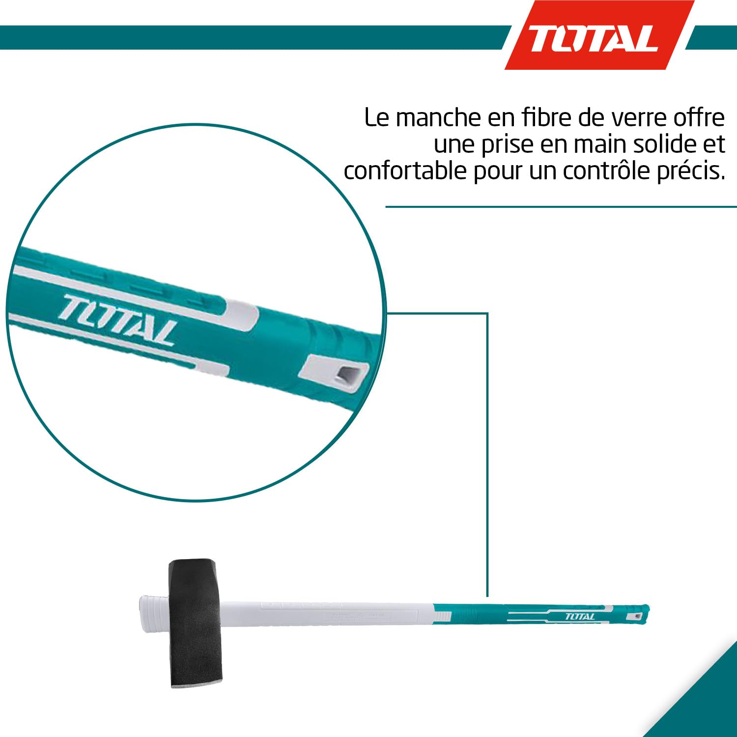 TOTAL - Masse compensée | 3 kg et 900 mm de longueur | Idéal pour le bois de chauffage | Coupe le bois épais et dur | Poignée en fibre de verre | Tête en acier au carbone forgé à chaud