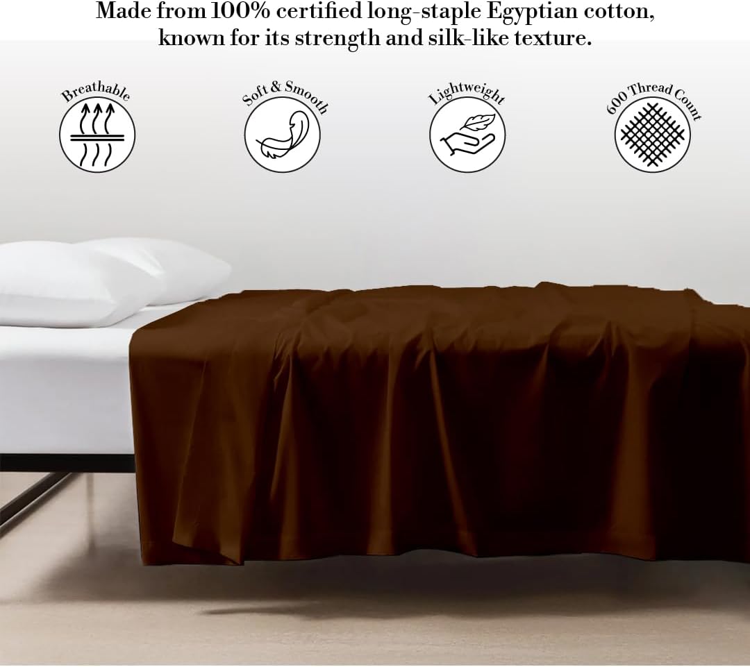 600 Thread Count Cotton Flat Sheet Only for King Size|100% Egyptian Cotton Flat Sheet|1 Piece Flat Sheet Comfy, Ultra Soft, Breathable|Natural Cooling Flat Sheet Only in Chocolate Solid