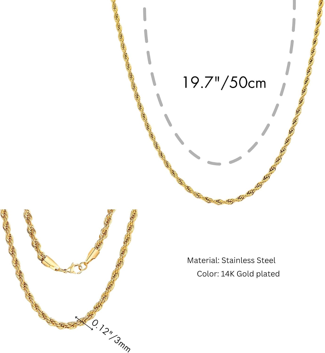 QueenBee 18K Gold Plated Rope Chain Necklace for Women, 3mm-5mm Bold Twist Link, 16-20 Inch – Water Resistant Stainless Steel Jewelry Gift