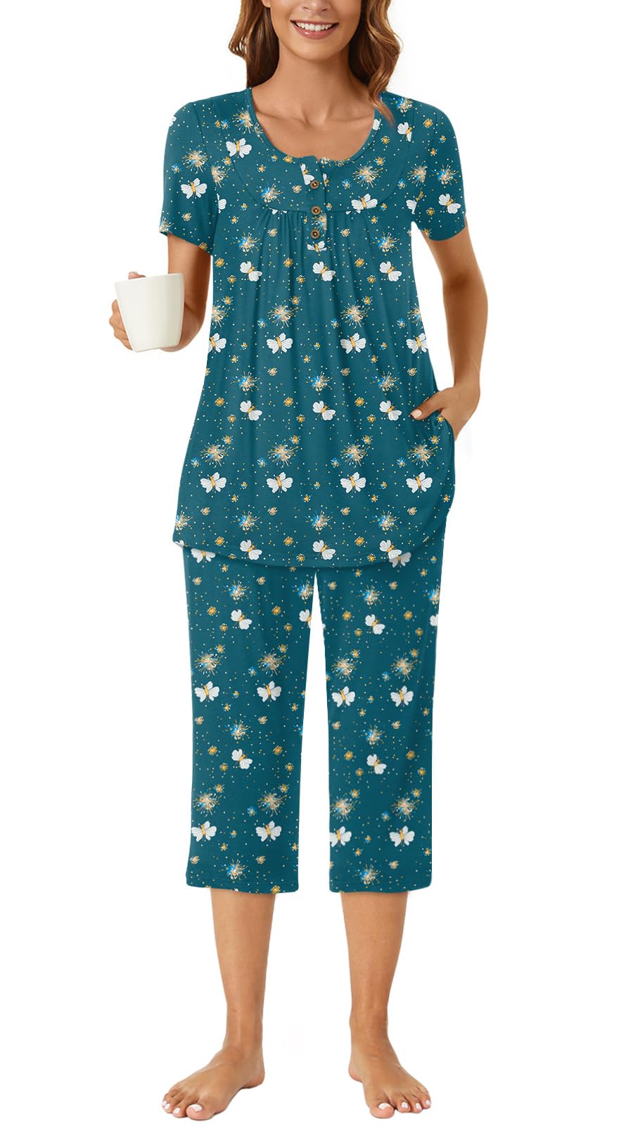 – Womens Pyjamas Set, 2 Piece Sleep Set Henley Neck Short Sleeve Capri & Short Pant With Pockets