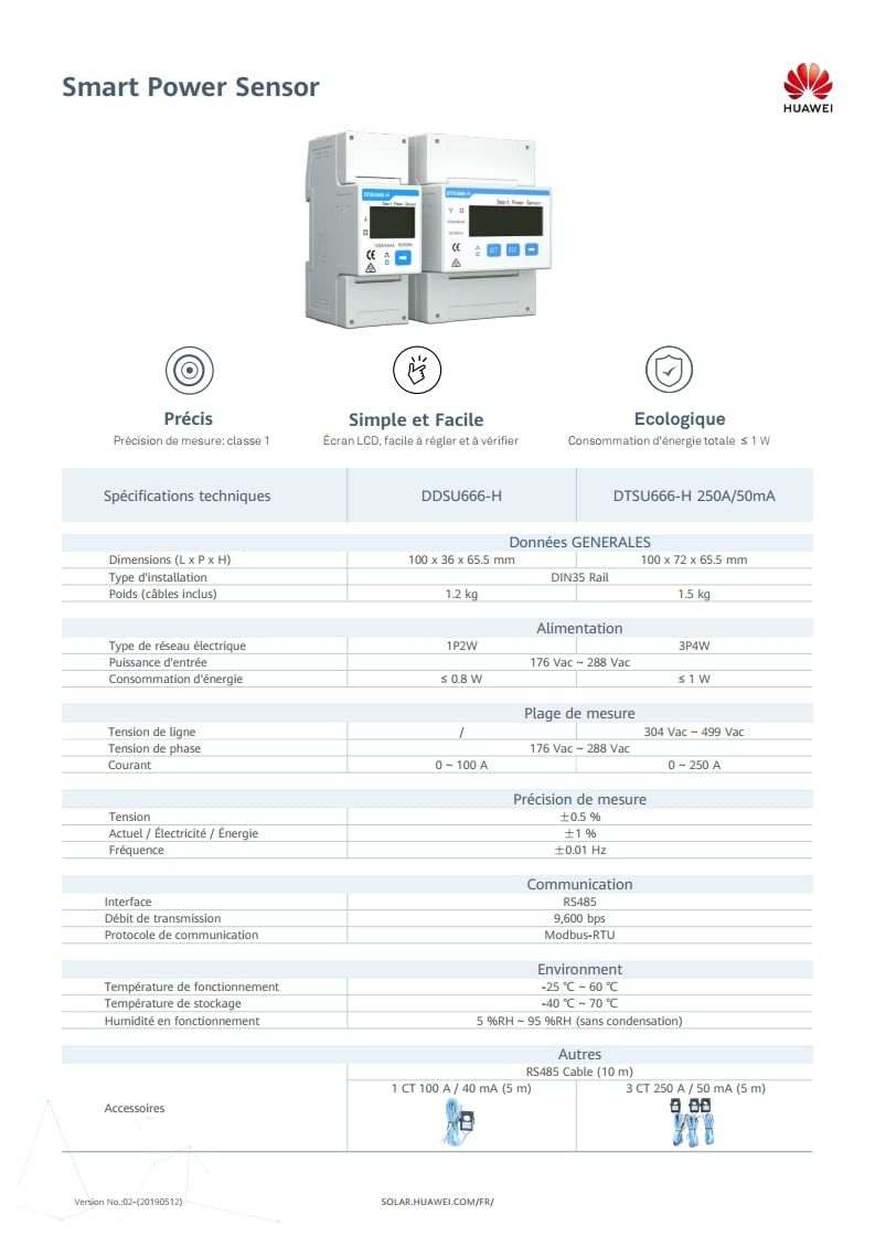 Taula d'especificacions tècniques del sensor de potència intel·ligent de Huawei