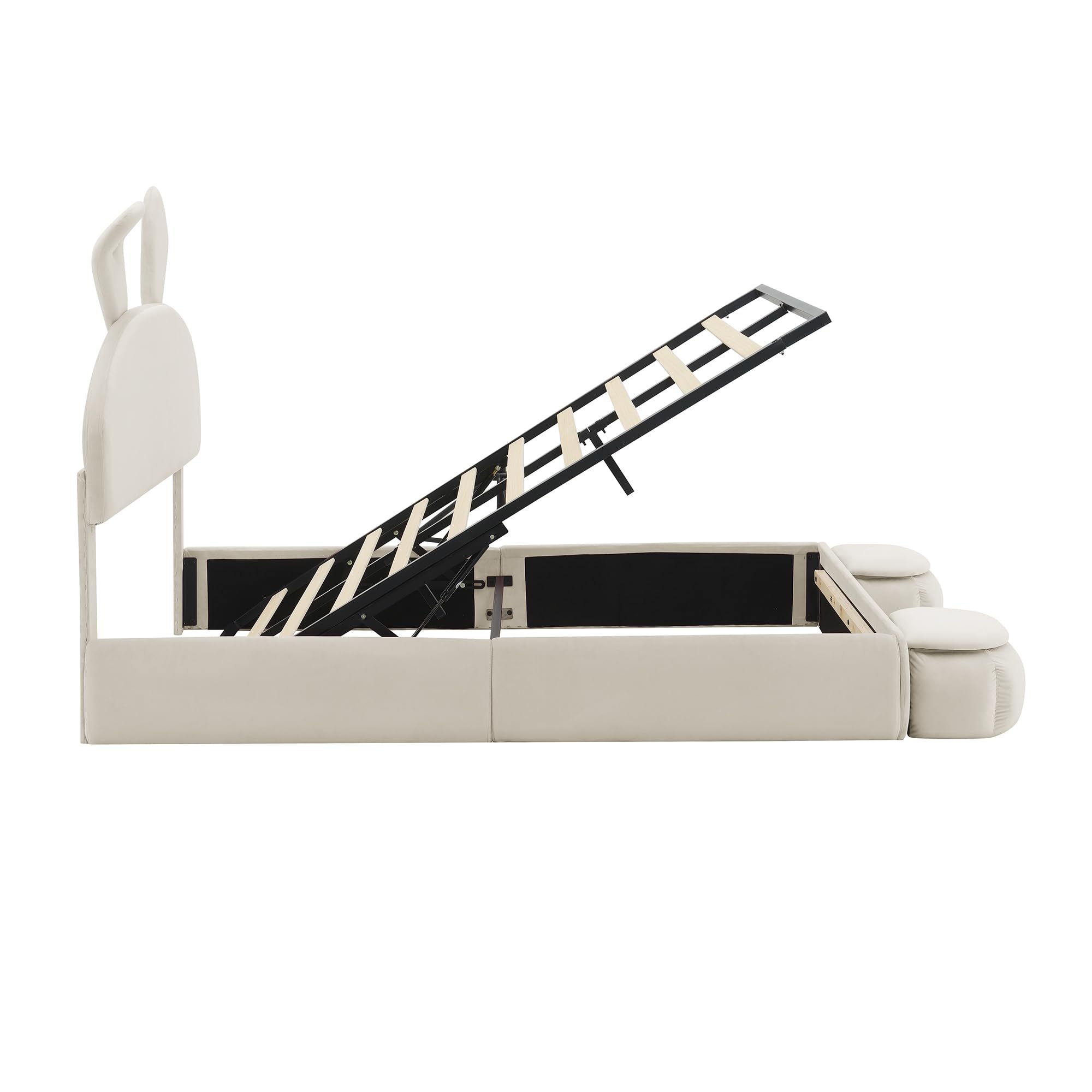 Polsterbett 140x200, Hydraulisch Stauraumbett mit 2 Aufbewahrungshockern und LED-Nachttischbeleuchtung, ausklappbare Hasenohren, LED Doppelbett mit Stauraum und Lattenrost, Samt, Beige, ohne Matratze
