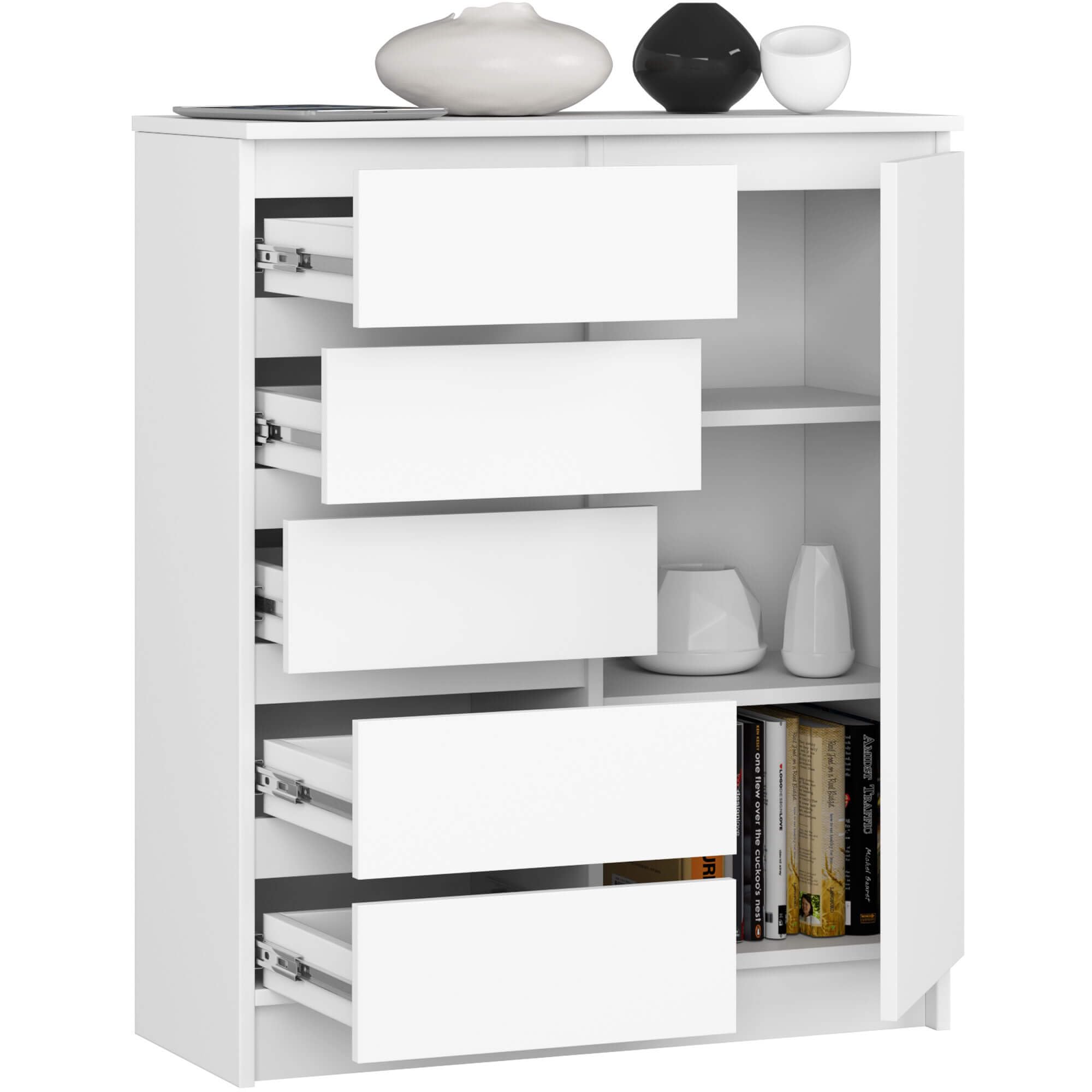 AKORD Kommode K-100 avec 1 Portes et 5 Tiroirs | pour Le Salon Chambre à Coucher | Moderne | Plateau Laminé 16mm | 80 x 35 x 97 cm | Blanc & Blanc