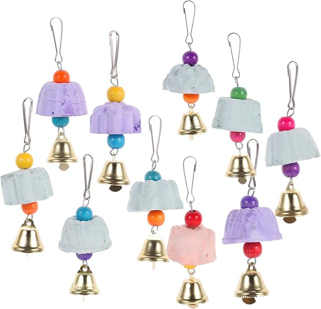 POPETPOP 10Pcs Bird Grinding Beak Calcium Stone With Bell - Rat Mineral Lava Rock Block Trimming Teeth Chewing Toys for Chinchilla Bunny Budgie Cockatiel Parakeet Parrot