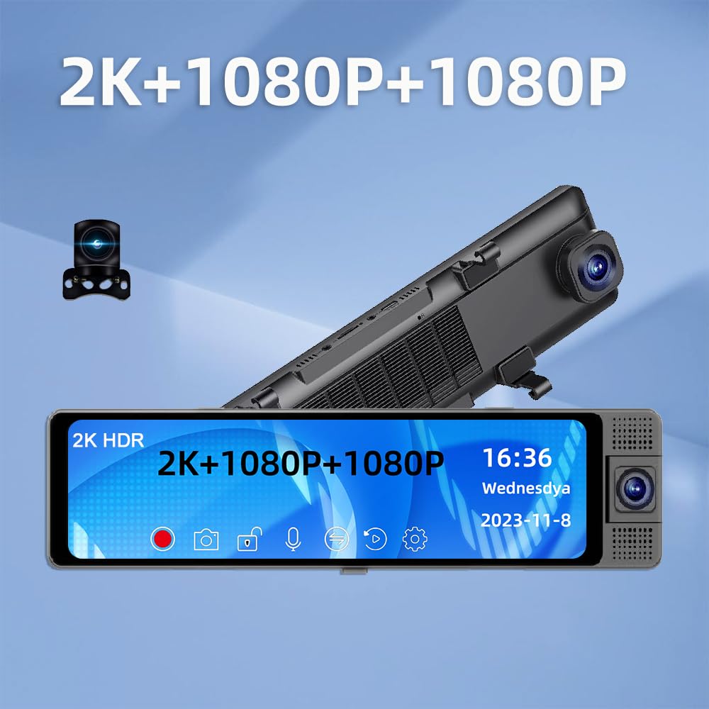 3 kamery, kamera samochodowa na deskę rozdzielczą, wyraźne lusterko wsteczne do nagrywania wideo, kamera szerokokątna, rejestrator jazdy samochodowej, połączenie WiFi, rejestrator