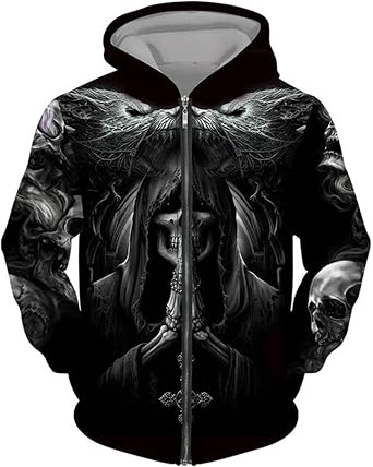 Men's Angel Skull 3D Printed Hoodies Fashion Hooded Sweatshirt Full Zip Hoodie Casual Jacket