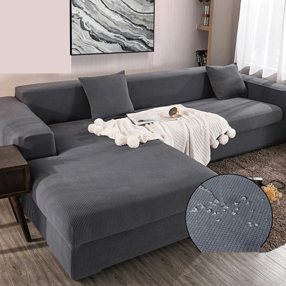 Housses de canapé Jacquard, Plaid Fleece Plain Stretch Couvre canape en Housse canape Dangle imperméable Simple pour Salon 1/2/3/4 Places avec taie d'oreiller (Light Gray,B-B 3 Seat 190-230cm)