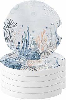 Blue Ocean Car Coaster, Coral Starfish Seagrass Fish Farmhouse Absorbent Ceramic Coasters for Car, 6 Pcs Coasters for Auto Cupholder Accessories Keep Vehicle Clean 2.56inch