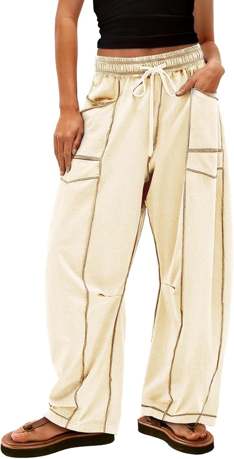 Wyeysyt Womens Barrel Baggy Sweatpants High Waisted Wide Leg Pants Drawstring Athletic Casual Lounge Pants with Pockets