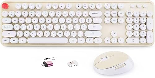 Miniatura 10 de HotFox Combo de teclado y ratón inalámbrico, teclado retro de tamaño completo tipo máquina de escribir con teclas redondas, diseño ergonómico para
