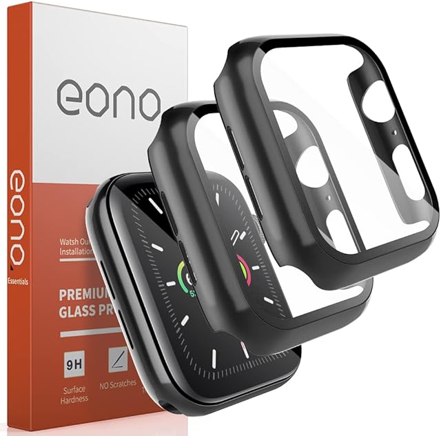 Amazon BrandEono2 Pack Tempered Glass Case Compatible with Apple Watch Series 6 and Apple Watch SE 44mm Screen Protector,Hard PC Protector Cover-Black