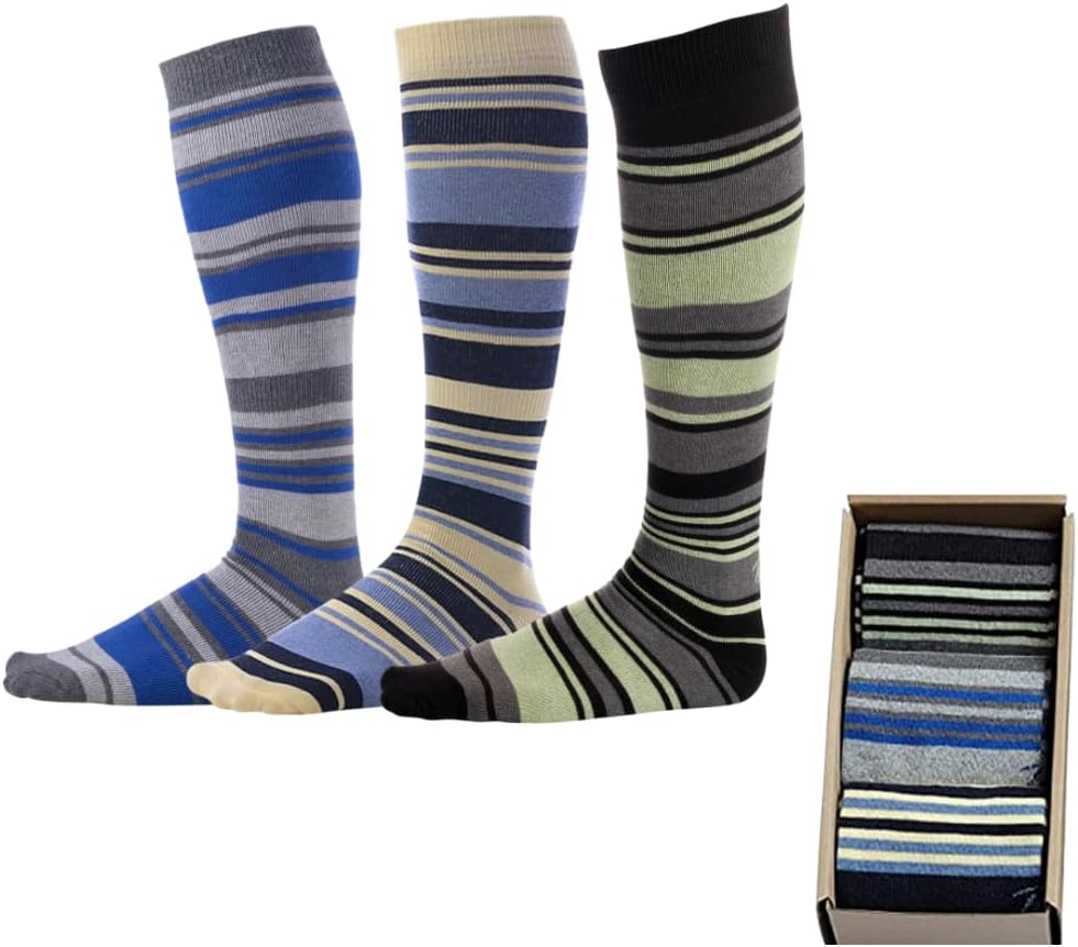 Pierre Henry Over the Calf Socks for Men (3 pairs) | Cotton Over the Calf Colorful Patterned Dress Socks | Size 7-11 |12-25
