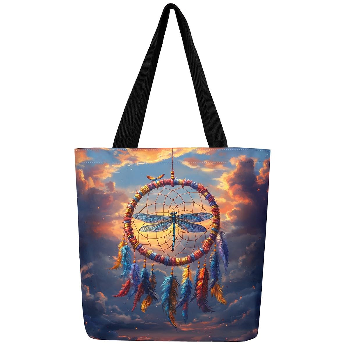 Dragonfly Canvas Tote Bag for Women, Dream Catchers Galaxy Clouds Sunset Waterproof Beach Bag,Safari Animals Reusable Grocery Shoulder Bag Exotic Bohemian Decor
