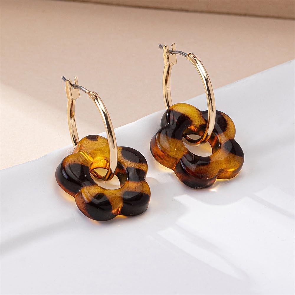 Leopard Print Flower Charm Gold Plated Hoop Earrings for Women Dainty Vintage Cute Acrylic Floral Short Dangle Drop Huggie Hoops Hypoallergenic Fashion Boho Unique Trendy Jewelry - Image 3