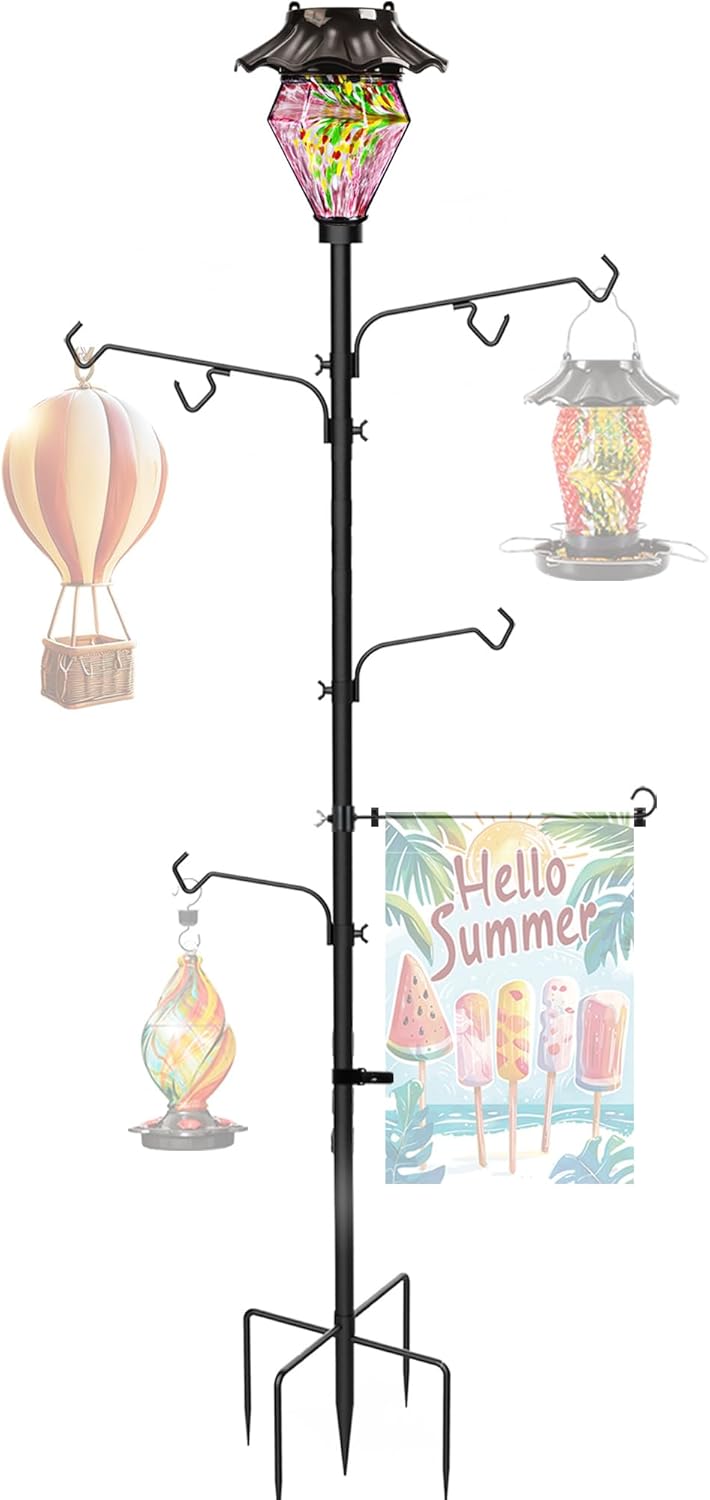 LUJII 6.8FT Solar Shepherds Hooks with Hand Blown Glass for Outdoors, Decorative RGB Lights, Heavy Duty Hummingbird Feeder, Bird Feeder, Wind Chime Stand with 4 Hangers and 1 Garden Flag Hook (Teal)