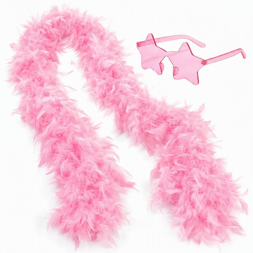 Pink Feather Boa, 2 Metre Feather Scarf With Star Sunglasses