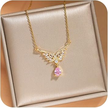 Elegant Pink Zircon Tears Wing Pendant Necklaces for Women Sparkling Angel's Wings Imitation Diamond Crystal 14K Gold/Silver Plated Chain Statement Cubic Zirconia Boho Wedding Gifts for Her Gold