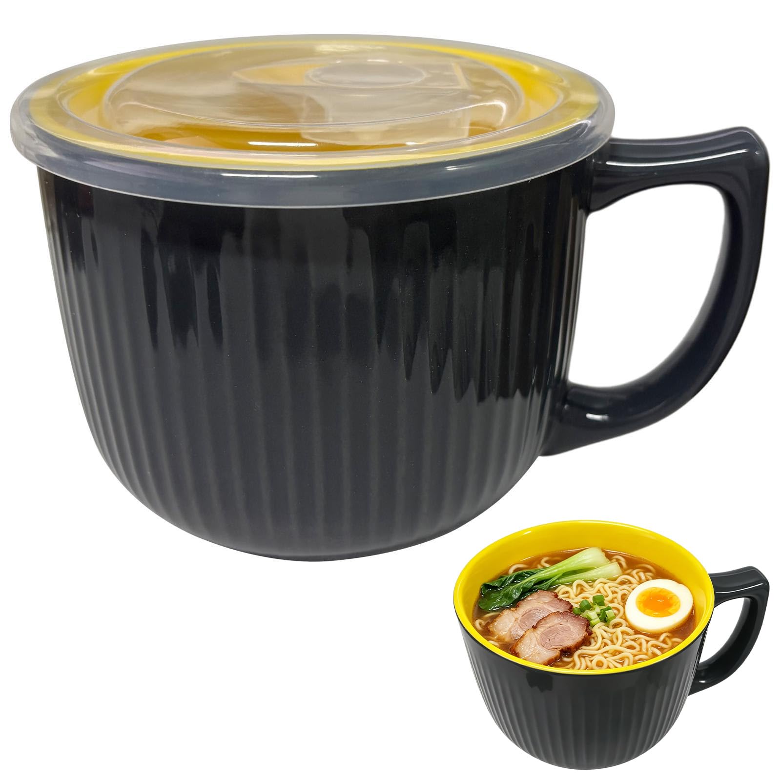yeesport 30 oz / 900 ml Ceramic Soup Bowl, Large Bowl with Handle and Vented Lid, Microwave Safe Food Storage Container for Ramen, Noodle, Cereal, Fruit, Salad