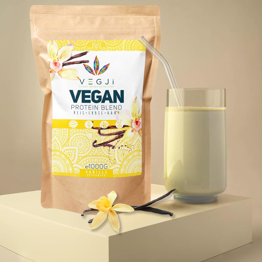 VEGJi Vegan Protein Blend 1000g | Erbsen-, Reis- & Hanfprotein | Hoher Proteingehalt | Natürliche Zutaten | Mit Stevia-Extrakt gesüßt (Vanille)