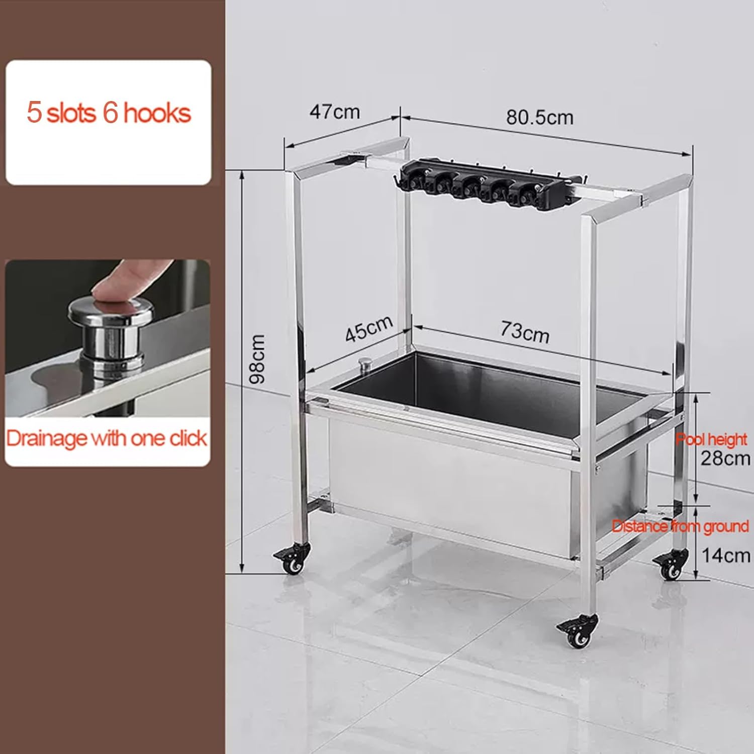 Movable Broom Mop Holder, Hand Trucks Broom, Umbrella Storage Stand, Commercial Cleaning Tool Cart, Include Armrests Drain Button (Color : Silver, Size : 47X80X98CM(10slots)) (Silver 47X80X98CM(5