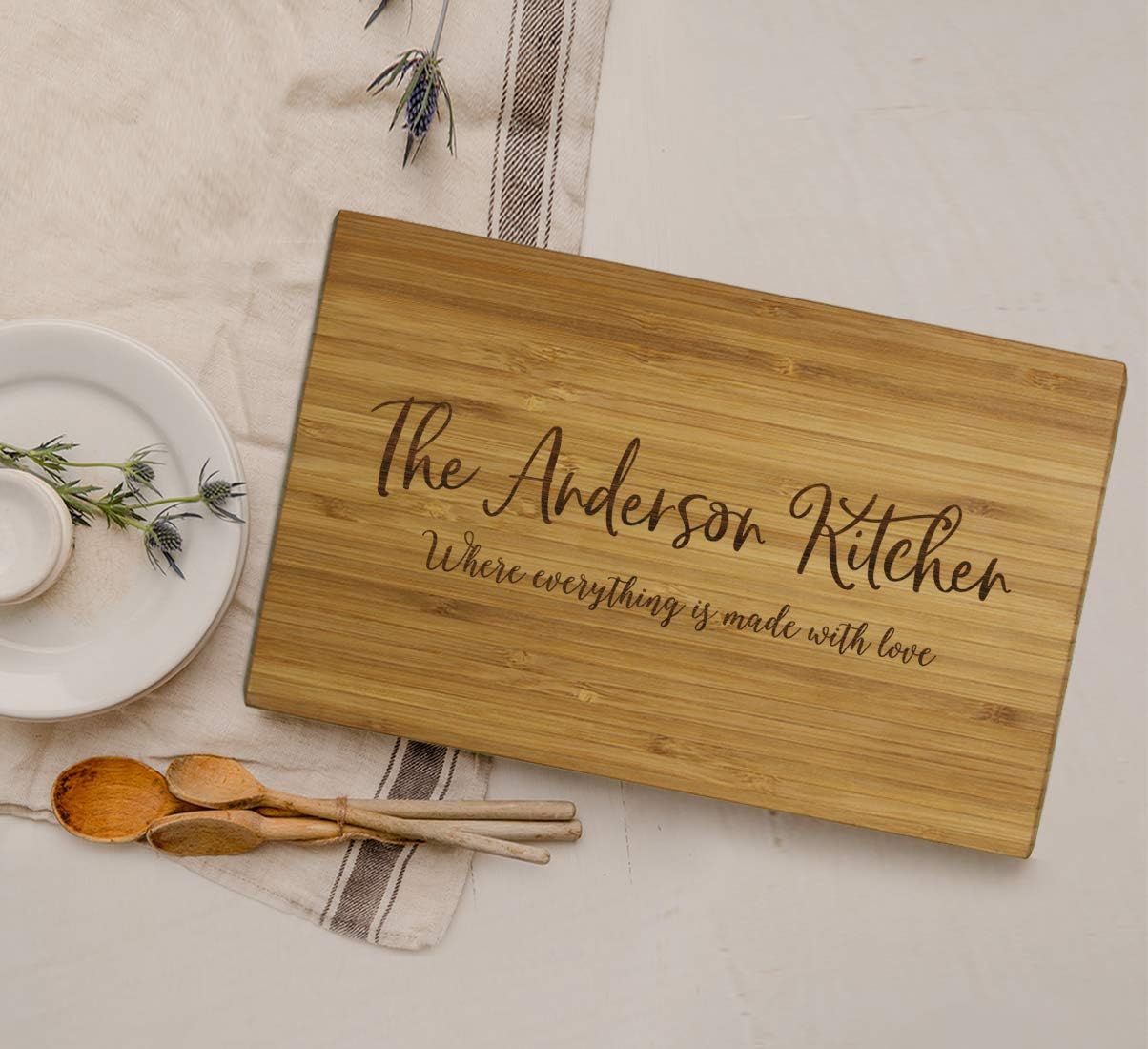 Andaz Press Personalized Large Bamboo Wood Cutting Board Gift for Newlyweds, 17.75 x 11-inch, Rustic Laurels, The Anderson Kitchen, Where Everything is Made Wth Love, 1-Pack, Custom His Her Mr. Mrs.