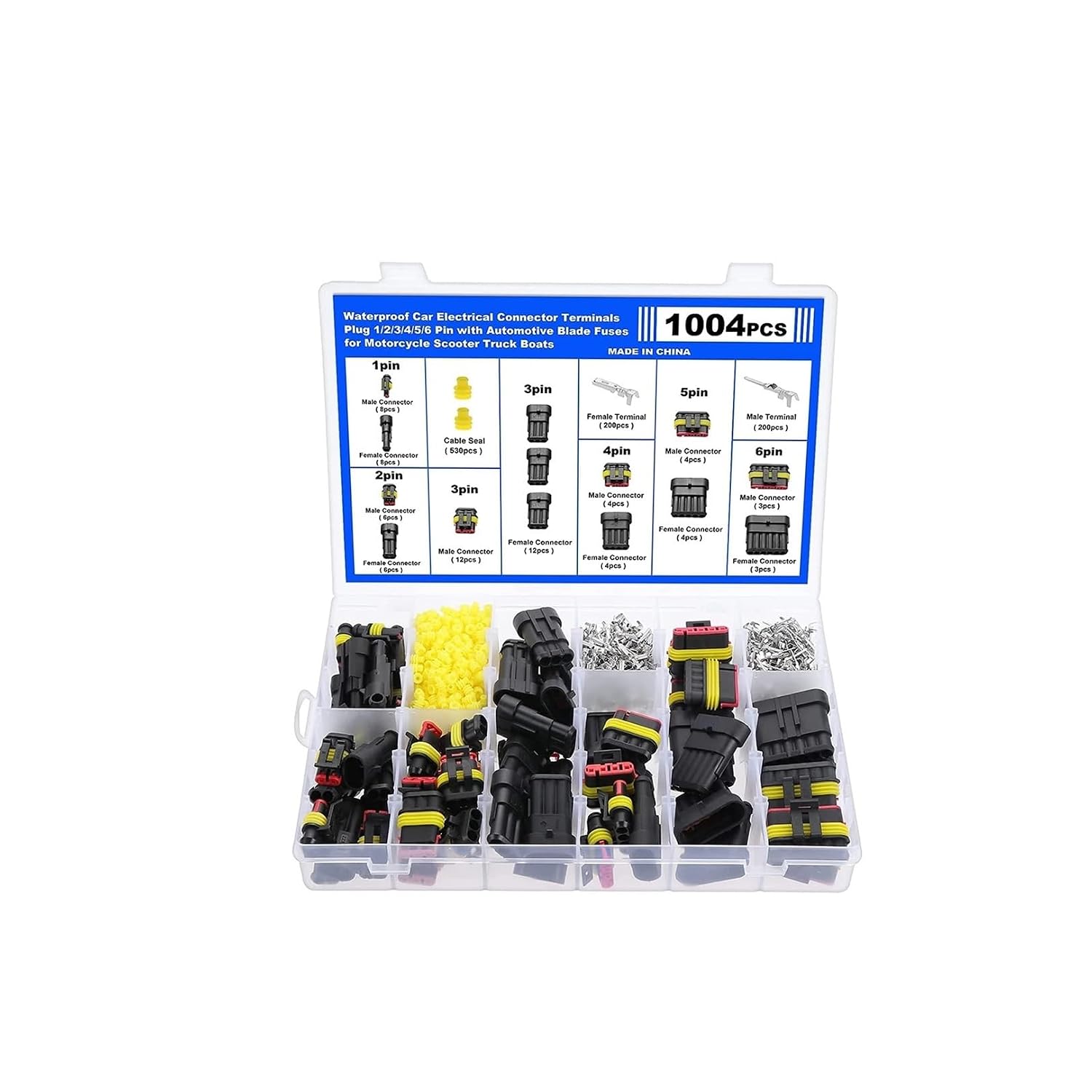 1004PCS Waterproof Automotive Electrical Connector Plug Kit 1/2/3/4/5/6 Pin with Automotive Blade Fuses for Car Motorcycle Truck(1005pcs)