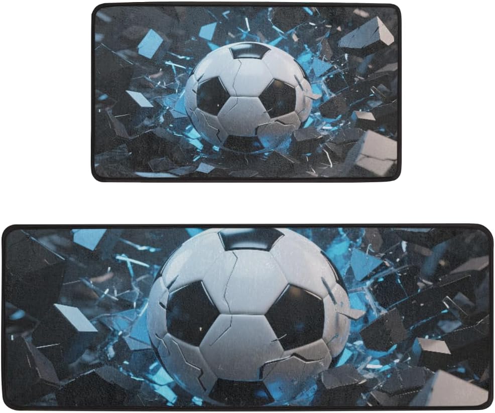 Anti Fatigue Crumpled Soccer Kitchen Mats for Floor 2 Piece Set, Waterproof Non Slip Boho Kitchen Floor Rugs, Comfort Standing Mat for Sink Laundry & Home Kitchen 17"x47"+17"x29"