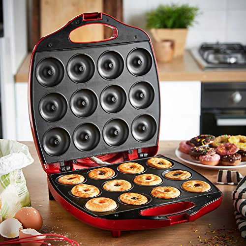 VonShef 12 Mini Donut Electric Maker Kit Set, Small Donut Snack Machine, Red
