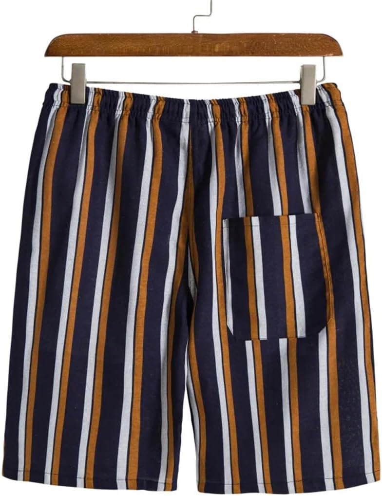 Fnfmrfmr Men's Cotton Linen Sporty Shorts Stripedpockets Elastic Waist Beach Shorts