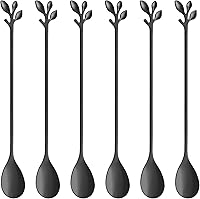Vista 1 de AnSaw 6 cucharaditas elegantes de mango largo de hoja negra, cucharas de acero inoxidable de 7.4 pulgadas para café y té, perfectas para mezclar