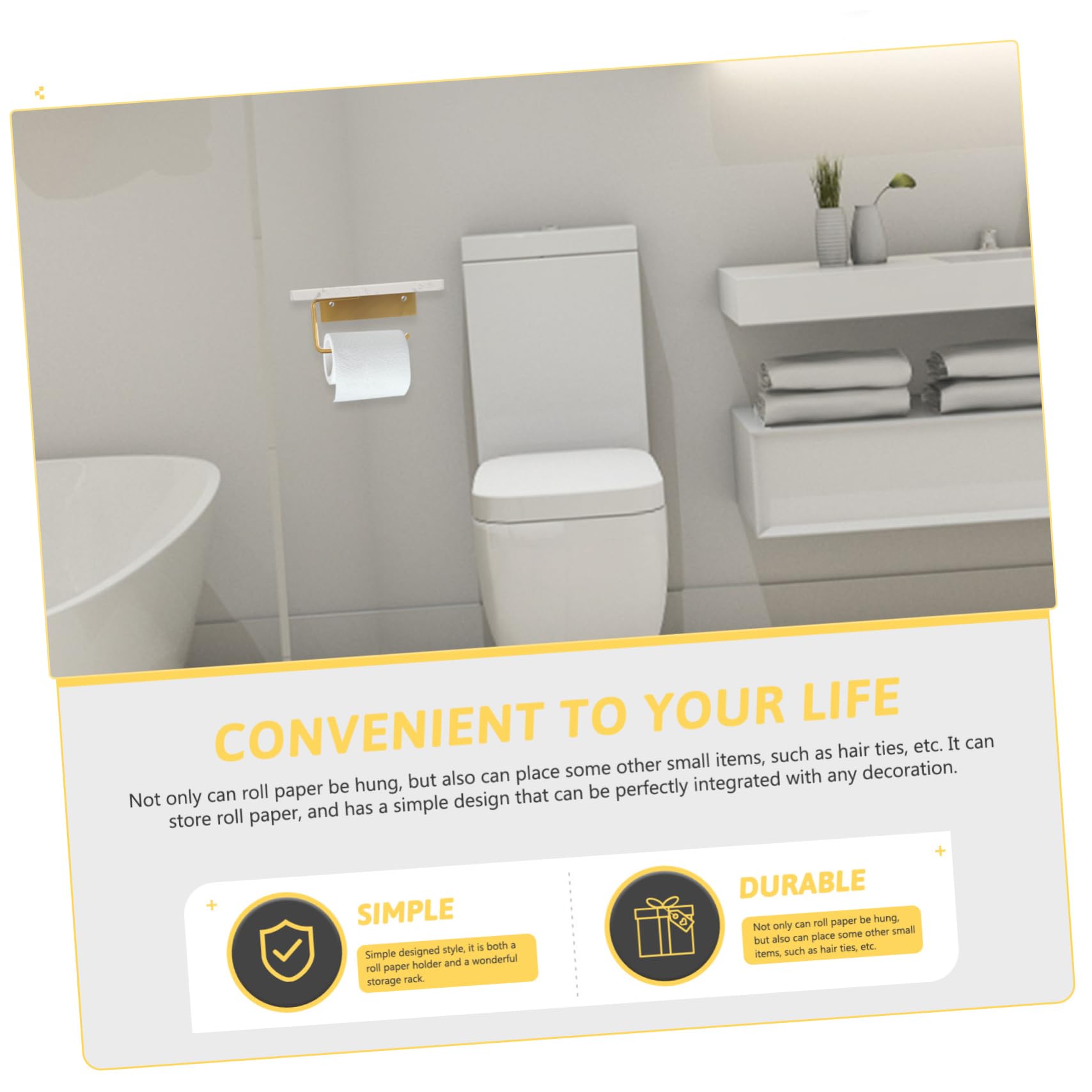 UKCOCO Portarrollos de Papel Higiénico de Mármol Blanco, Soporte de Aluminio Montado en Pared con Estante, Fácil de Instalar para Baño