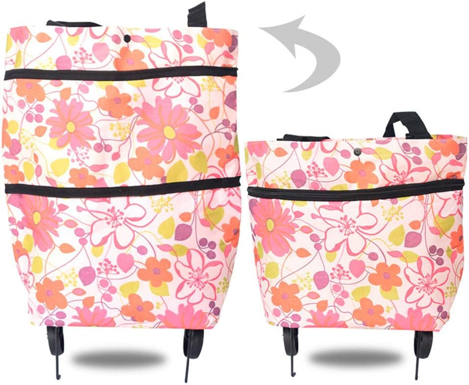 L&SH Foldable Shopping Cart, Household Tug Bag, Household Trolley Shopping Bag, Folding Shopping Bag with Wheels, Reusable Shopping Bag (Pink Flower)