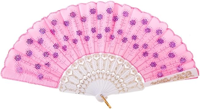 3 Pcs Peacock Hand Fan Sequin Fabric Folding Fans Embroidered Flower Lace Trim Fabric Plastic Handheld Fan for Women Hand Craft Color Pink, Size 16.5"