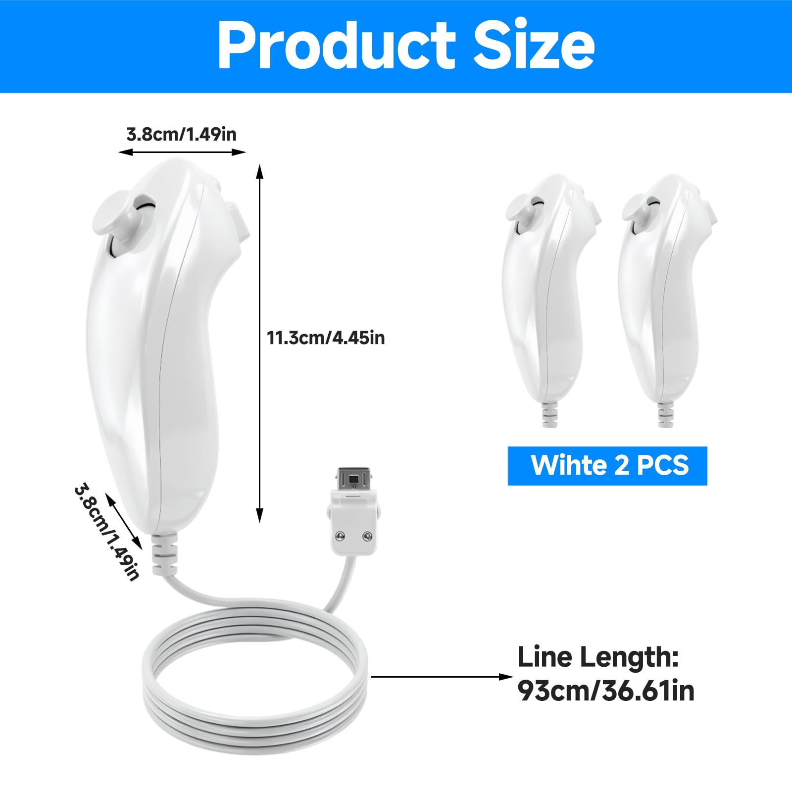 Vexnaro 2 Pack Controlador Nunchuk, Compatible con Wii y Wii U, Mando Nunchuk de Repuesto para Gamepad y Consola de Videojuegos, Controlador con Diseño Ergonómico para Juegos