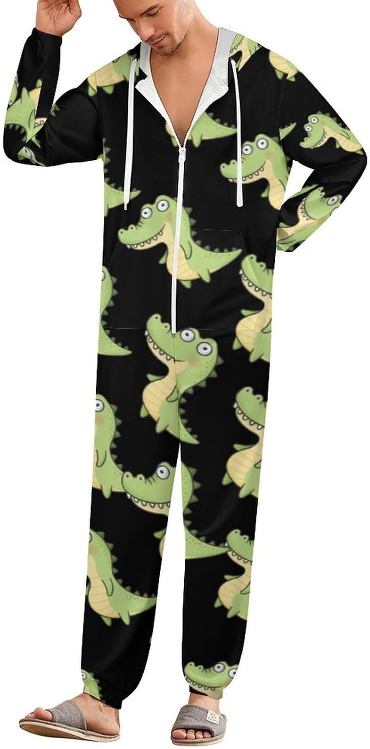Cute Alligator Adult Pajamas Onesie with Hood Pocket Jumpsuits One Piece Sleepwear