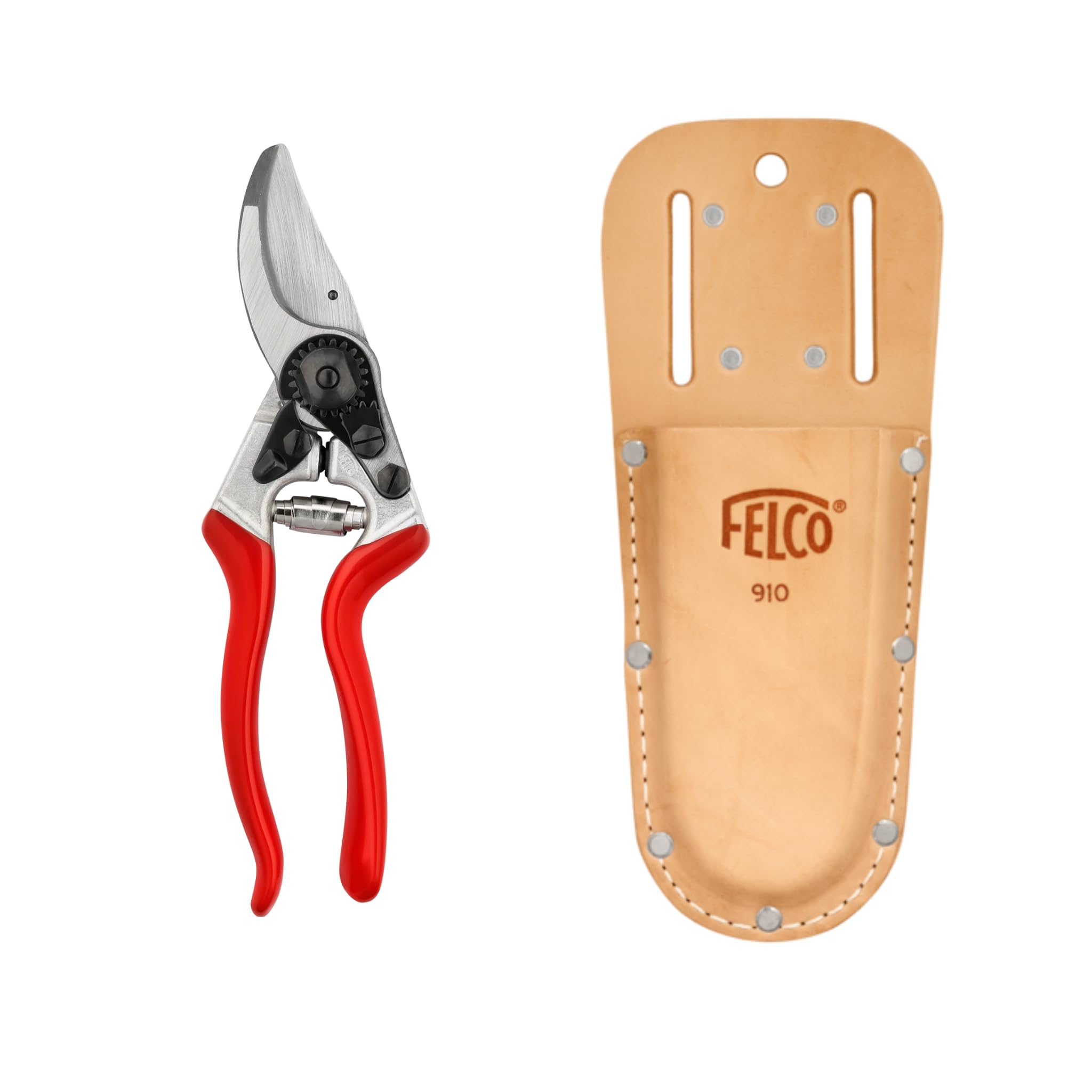 FELCO 2-teilig: Bypass-Gartenschere 8 + Leder-Gürteltasche 910, Rechtshänder, Große Hand, 25mm, Abgewinkelter Kopf